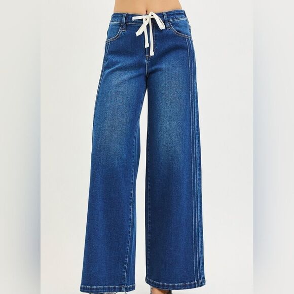 Risen Los Angeles Denim - RISEN Mid Rise Wide Side Pintuck Denim Jeans Flat Front Drawstring Size 7